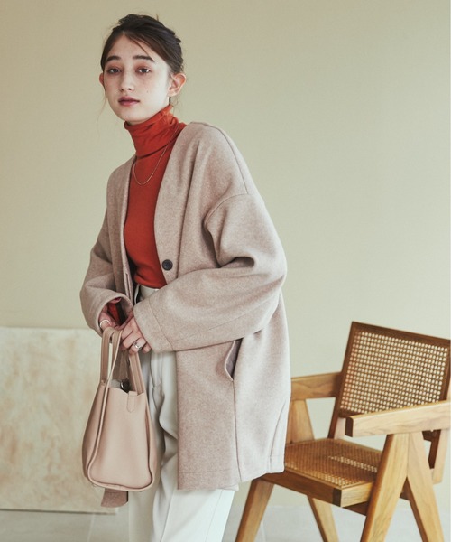 ANGIE（アンジー）の「ノーカラーミドルコクーンコート（ノーカラーコート・レディース・ブラック/杢グレー/ベージュ/ライトベージュ/ピンクベージュ・FREE）」の16枚目の写真