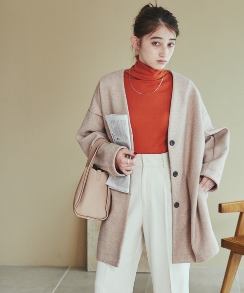 ANGIE（アンジー）の「ノーカラーミドルコクーンコート（ノーカラーコート・レディース・ブラック/杢グレー/ベージュ/ライトベージュ/ピンクベージュ・FREE）」の15枚目の写真