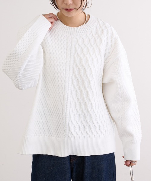 BONbazaar（ボンバザール）の「《ケーブル編み好きな方は喉から手が出るほど欲しい！》POLYケーブルニット（ニット/セーター・レディース・ホワイト/ライトグレー/イエロー系・FREE）」の5枚目の写真