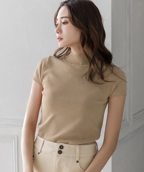 Julia Boutique（ジュリアブティック）の「ベーシックハイネック半袖ニットトップス/22028（ニット/セーター・レディース・ホワイト/ベージュ/イエロー/ブラック/ラベンダー/オレンジ系/ピンク/ミント/ネイビー/ブラウン・ONE）」の5枚目の写真