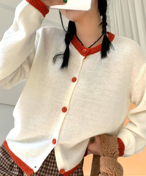 Dita(ディータ)の「バイカラーレトロニットカーディガン(カーディガン/ボレロ・レディース・グリーン/ホワイト・FREE)」の2枚目の写真