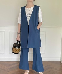 ノーカラーロングベスト＋フレアスリットパンツセットアップ