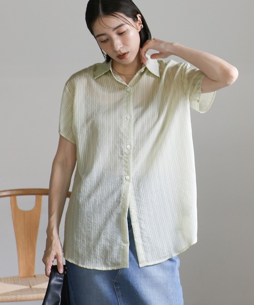 select MOCA(セレクトモカ)の「バックオープンシアーストライプシャツ(シャツ/ブラウス・レディース・ベージュ/オフホワイト/グリーン・FREE)」の16枚目の写真