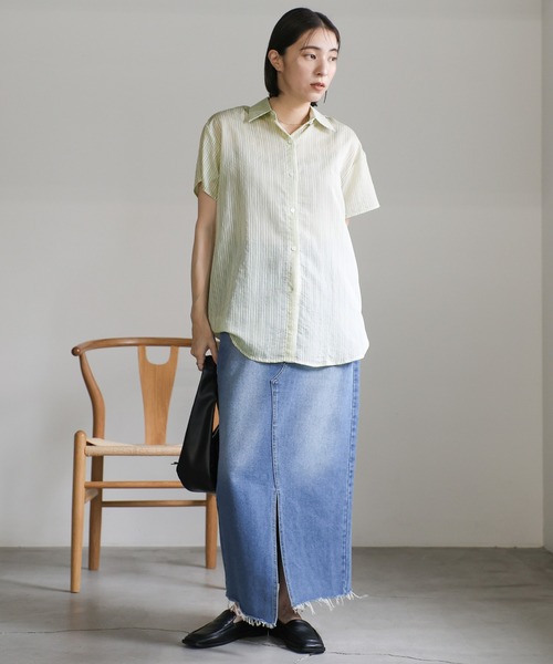 select MOCA(セレクトモカ)の「バックオープンシアーストライプシャツ(シャツ/ブラウス・レディース・ベージュ/オフホワイト/グリーン・FREE)」の18枚目の写真