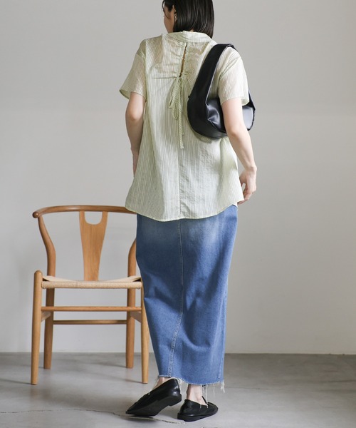 ブラウス シャツ バックオープンシアーベスト/ロングシャツ レディース バックオープンシアーストライプシャツ（シャツ/ブラウス
