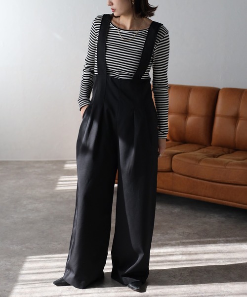 Bonjour Sagan（ボンジュールサガン）の「ハイウエストサロペットパンツ（サロペット/オーバーオール・レディース・ブラック/ベージュ・FREE）」の4枚目の写真