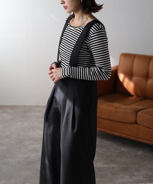 Bonjour Sagan（ボンジュールサガン）の「ハイウエストサロペットパンツ（サロペット/オーバーオール・レディース・ブラック/ベージュ・FREE）」の5枚目の写真