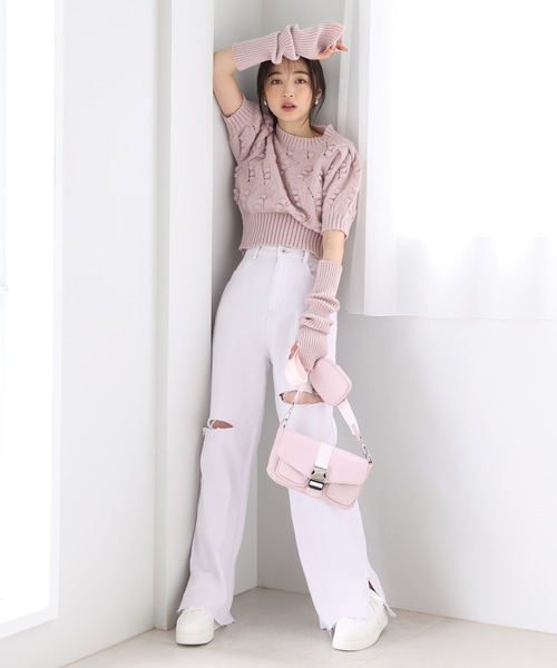 one after another NICE CLAUP(ワンアフターアナザーナイスクラップ)の「アームウォーマーぽこぽこケーブルニット(ニット/セーター・レディース・ベージュ/ブラウン/サックスブルー/ピンク・FREE)」の18枚目の写真