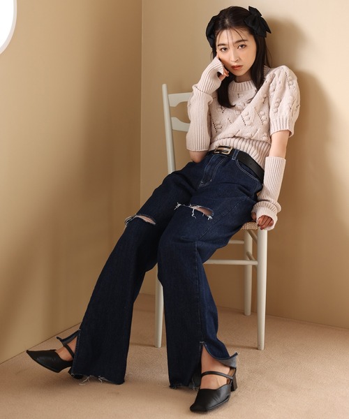 one after another NICE CLAUP(ワンアフターアナザーナイスクラップ)の「アームウォーマーぽこぽこケーブルニット(ニット/セーター・レディース・ベージュ/ブラウン/サックスブルー/ピンク・FREE)」の21枚目の写真