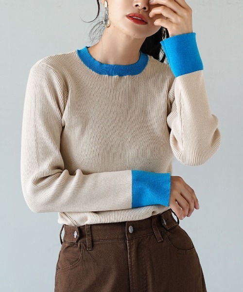 zootie（ズーティー）の「【トレンドライクで肌にも優しい】コットンリブニット［ツートーン］（ニット/セーター・レディース・ラベンダー/アイボリー/グレー/ブラック×ブルー/グリーン系その他/ブラウン/ブラック×グレー/ベージュ系その他/ホワイト×ブラック・L/M）」の8枚目の写真