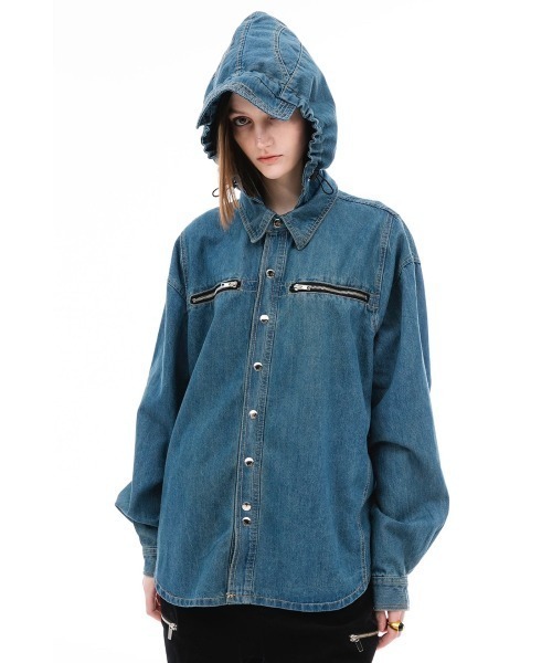ANOTHERYOUTH(アナザーユース)の「【ANOTHER YOUTH/アナザーユース】denim hood shirts/ デニム フード シャツ デニムシャツ(シャツ/ブラウス・メンズ・ブラック/ブルー・ONE SIZE)」の2枚目の写真