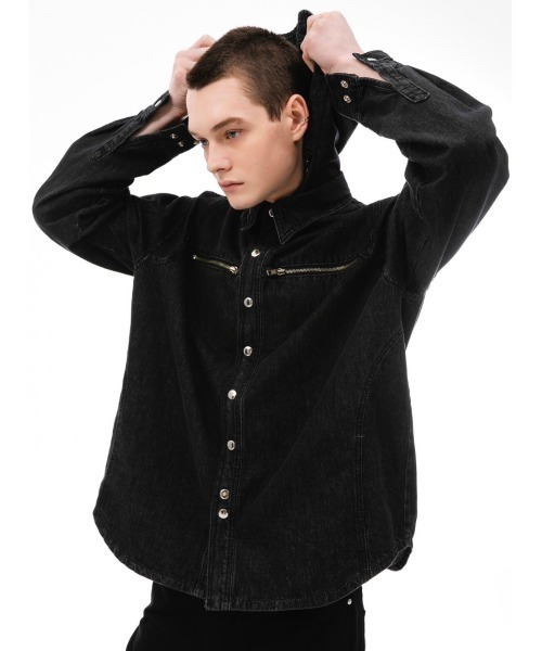 ANOTHERYOUTH(アナザーユース)の「【ANOTHER YOUTH/アナザーユース】denim hood shirts/ デニム フード シャツ デニムシャツ(シャツ/ブラウス・メンズ・ブラック/ブルー・ONE SIZE)」の11枚目の写真