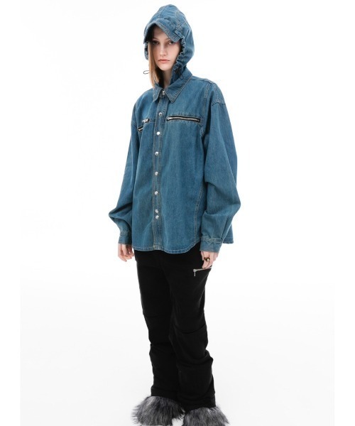 ANOTHERYOUTH(アナザーユース)の「【ANOTHER YOUTH/アナザーユース】denim hood shirts/ デニム フード シャツ デニムシャツ(シャツ/ブラウス・メンズ・ブラック/ブルー・ONE SIZE)」の20枚目の写真