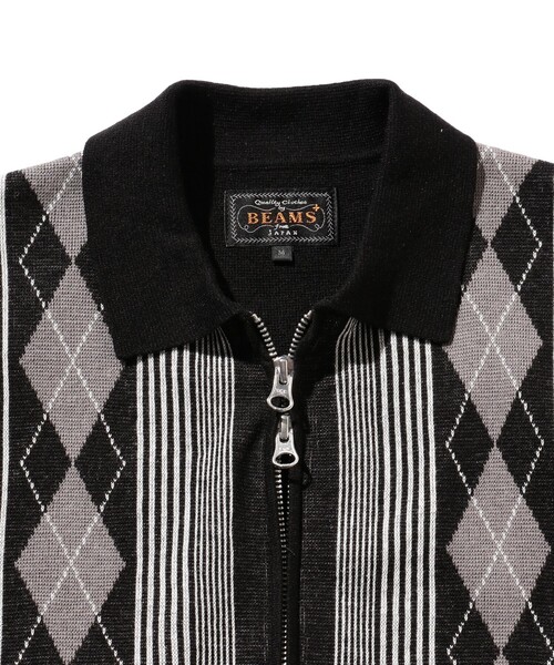 BEAMS PLUS ジャカード ストライプ ジップニット ポロシャツ