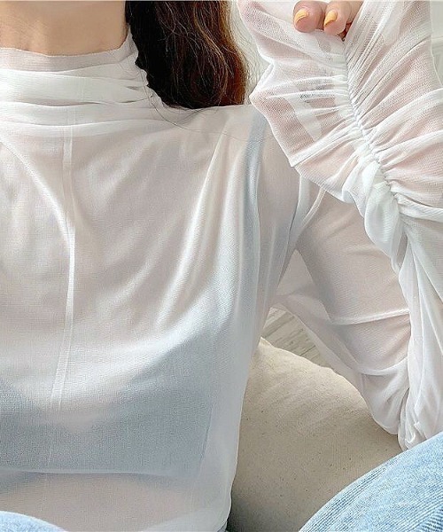 SHEENA（シーナ）の「ギャザースリーブプチハイシアートップス（Tシャツ/カットソー・レディース・ミント/ホワイト/ピンク/ライトグリーン/イエロー/ブラック/パープル・M）」の3枚目の写真
