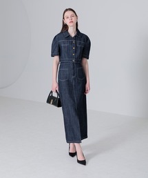 Leja | 【LEJA】配色ステッチ半袖クロップドデニムジャケット＆デニムスリットロングスカートセットアップ(ワンピース)