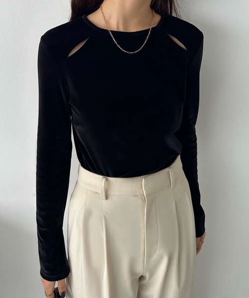 callautia（カラウティア）の「カットアウトシアーベロアトップス（Tシャツ/カットソー・レディース・ブラウン/グリーン/ブラック/ブルー/グレイッシュベージュ・SMALL/MEDIUM/LARGE/X-LARGE）」の7枚目の写真