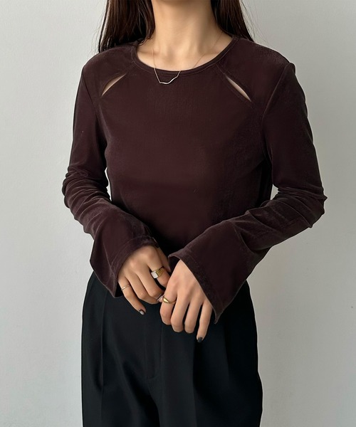 callautia（カラウティア）の「カットアウトシアーベロアトップス（Tシャツ/カットソー・レディース・ブラウン/グリーン/ブラック/ブルー/グレイッシュベージュ・SMALL/MEDIUM/LARGE/X-LARGE）」の10枚目の写真