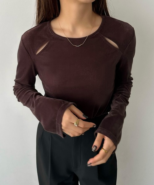 callautia（カラウティア）の「カットアウトシアーベロアトップス（Tシャツ/カットソー・レディース・ブラウン/グリーン/ブラック/ブルー/グレイッシュベージュ・SMALL/MEDIUM/LARGE/X-LARGE）」の11枚目の写真