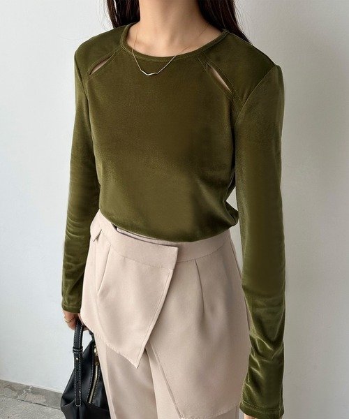 callautia（カラウティア）の「カットアウトシアーベロアトップス（Tシャツ/カットソー・レディース・ブラウン/グリーン/ブラック/ブルー/グレイッシュベージュ・SMALL/MEDIUM/LARGE/X-LARGE）」の15枚目の写真