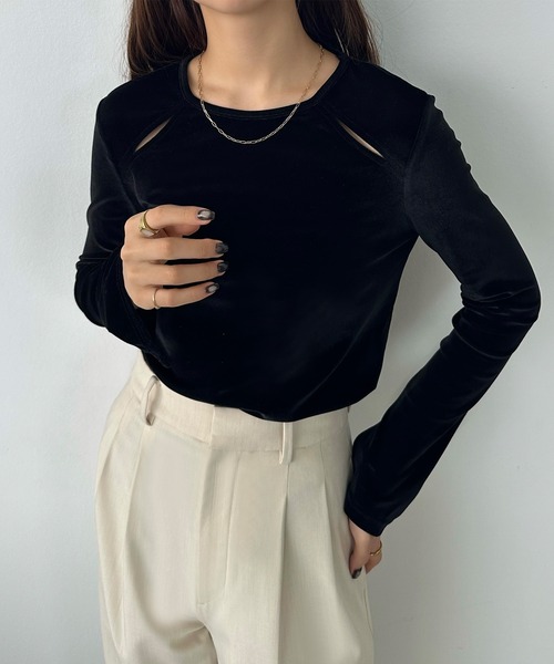 callautia(カラウティア)の「カットアウトシアーベロアトップス(Tシャツ/カットソー・レディース・ブラウン/グリーン/ブラック/ブルー/グレイッシュベージュ・SMALL/MEDIUM/LARGE/X-LARGE)」の6枚目の写真