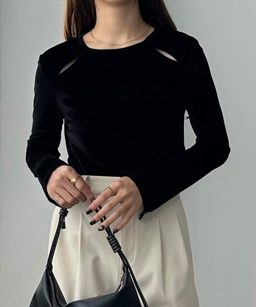 callautia(カラウティア)の「カットアウトシアーベロアトップス(Tシャツ/カットソー・レディース・ブラウン/グリーン/ブラック/ブルー/グレイッシュベージュ・SMALL/MEDIUM/LARGE/X-LARGE)」の8枚目の写真