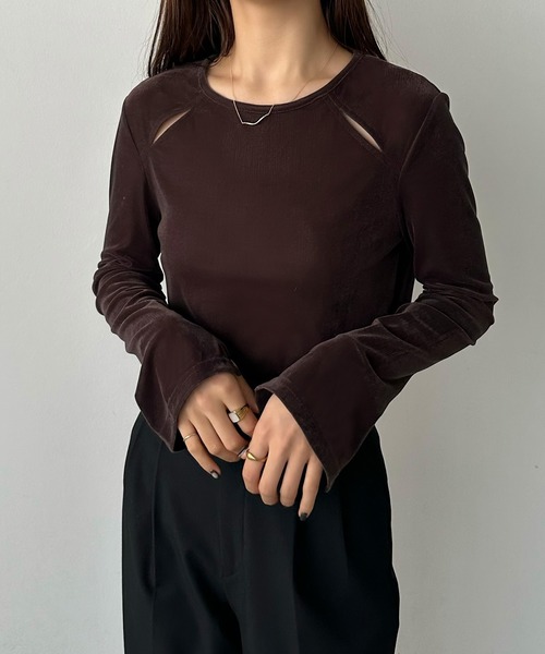callautia(カラウティア)の「カットアウトシアーベロアトップス(Tシャツ/カットソー・レディース・ブラウン/グリーン/ブラック/ブルー/グレイッシュベージュ・SMALL/MEDIUM/LARGE/X-LARGE)」の10枚目の写真