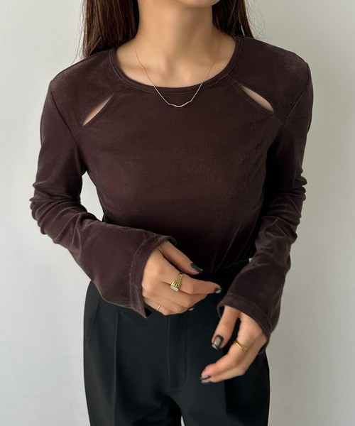 callautia(カラウティア)の「カットアウトシアーベロアトップス(Tシャツ/カットソー・レディース・ブラウン/グリーン/ブラック/ブルー/グレイッシュベージュ・SMALL/MEDIUM/LARGE/X-LARGE)」の11枚目の写真