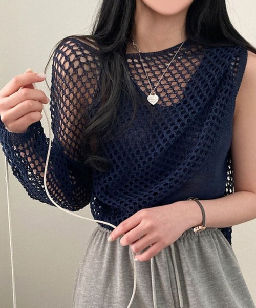 Mayree（メイリー）の「【AURORIA】メッシュサマーニットセット（Tシャツ/カットソー・レディース・ホワイト/ブラック/ライトブルー/ネイビー/ベージュ/オレンジ・FREE）」の5枚目の写真