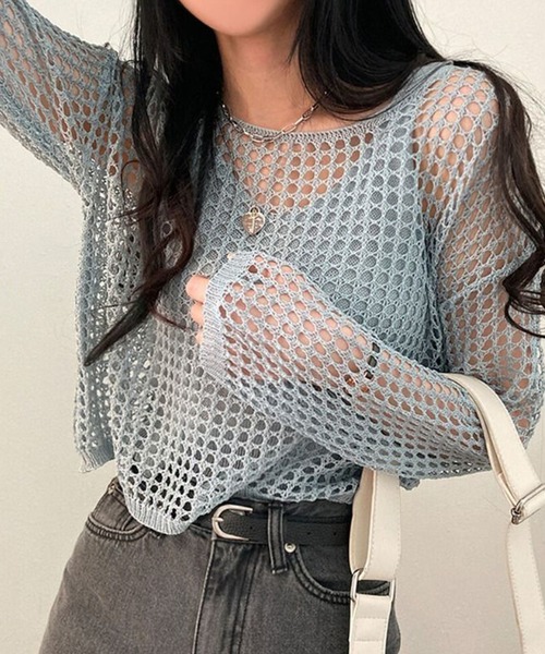 Mayree（メイリー）の「【AURORIA】メッシュサマーニットセット（Tシャツ/カットソー・レディース・ホワイト/ブラック/ライトブルー/ネイビー/ベージュ/オレンジ・FREE）」の4枚目の写真