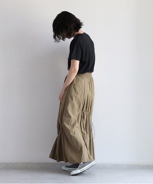セットアップ ドロスト ノースリーブ シャーリング スカート 緑 MOUSSY】シャーリングドロストリブ ノースリーブスカート