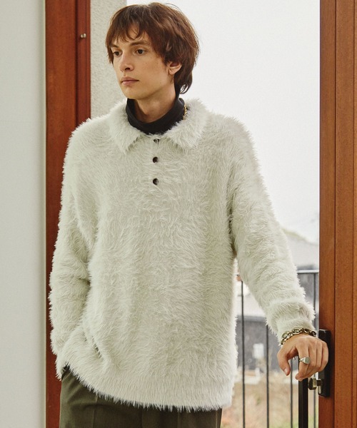 EMMA CLOTHES(エマクローズ)の「ルーズシャギーポロシャツ EMMA CLOTHES(ニット/セーター・メンズ・ブラック/チャコール/レッド/アイボリー/モカ/ダークグレー/ブルー・L/M)」の12枚目の写真