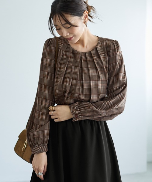 STYLE DELI（スタイルデリ）の「マットサテンチェック柄ブラウス（シャツ/ブラウス・レディース・グリーン系その他/ブラウン系その他・M）」の4枚目の写真