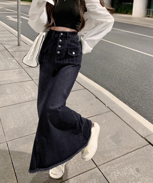 Miniministore（ミニミニストア）の「レトロデニムスカート ハイウエスト 韓国（デニムスカート・レディース・ネイビー・L/S/XL/M）」の15枚目の写真