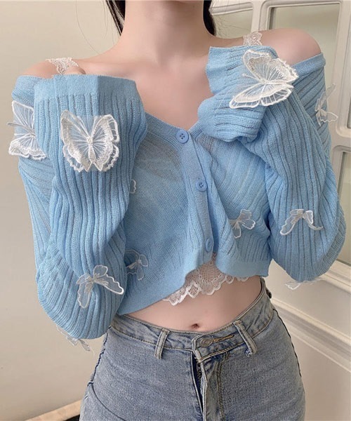 Mayree(メイリー)の「【Mayree】バタフライ クロップド丈カーディガン(カーディガン/ボレロ・レディース・ホワイト/ブラック/ピンク/ブルー・FREE)」の14枚目の写真