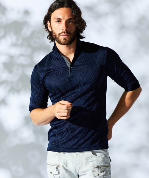 HIDEAWAYS NICOLE（ハイダウェイニコル）の「ブライトBIGヘリンボンスタンドポロシャツ（ポロシャツ・メンズ・ブラック/ライトグレー/ネイビー/オレンジ・MEDIUM/LARGE/X-LARGE/XX-LARGE）」の4枚目の写真