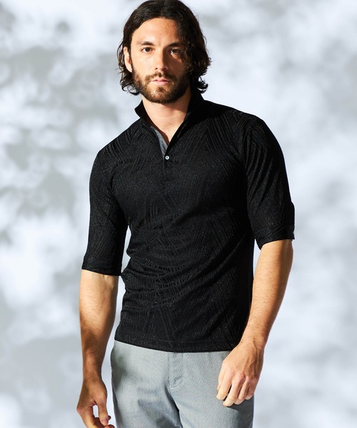 HIDEAWAYS NICOLE（ハイダウェイニコル）の「ブライトBIGヘリンボンスタンドポロシャツ（ポロシャツ・メンズ・ブラック/ライトグレー/ネイビー/オレンジ・MEDIUM/LARGE/X-LARGE/XX-LARGE）」の2枚目の写真