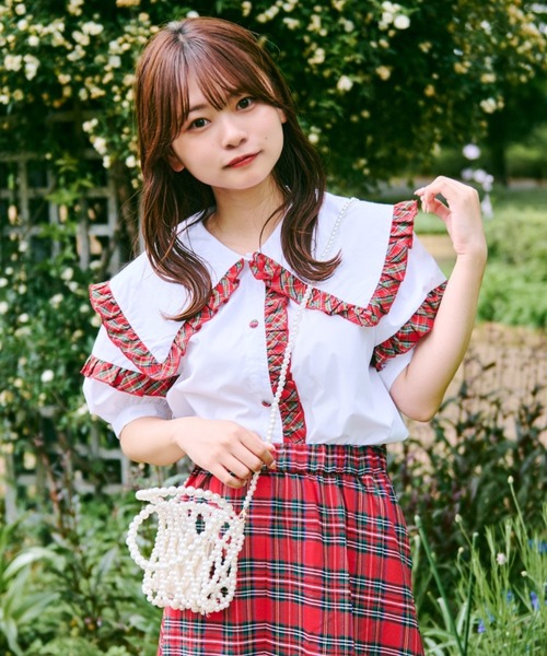 セール】【クティールとレトロ】チェックフリルブラウス（シャツ