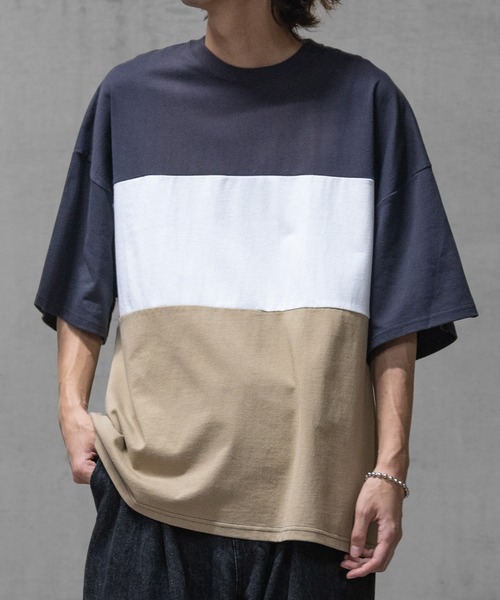 JOHN'S CLOSET（ジョンズクローゼット）の「【40I】 USAコットン 配色切替 ビッグシルエット 半袖Tシャツ（Tシャツ/カットソー・メンズ・ブラック系1/ブラック系3/ベージュ系2/グリーン系2/パープル系1/ブラック系2/ベージュ系1/グリーン系1/グリーン系3/パープル系2/ブラウン系1/ブラウン系2・LARGE/X-LARGE/MEDIUM）」の3枚目の写真