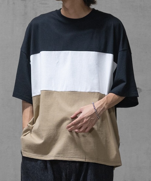 JOHN'S CLOSET（ジョンズクローゼット）の「【40I】 USAコットン 配色切替 ビッグシルエット 半袖Tシャツ（Tシャツ/カットソー・メンズ・ブラック系1/ブラック系3/ベージュ系2/グリーン系2/パープル系1/ブラック系2/ベージュ系1/グリーン系1/グリーン系3/パープル系2/ブラウン系1/ブラウン系2・LARGE/X-LARGE/MEDIUM）」の4枚目の写真