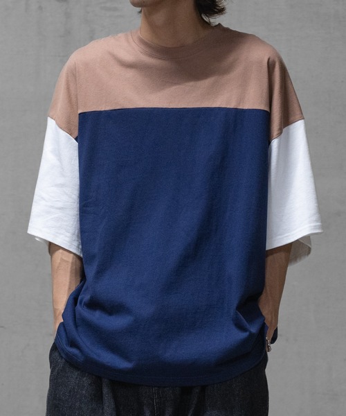 JOHN'S CLOSET（ジョンズクローゼット）の「【40I】 USAコットン 配色切替 ビッグシルエット 半袖Tシャツ（Tシャツ/カットソー・メンズ・ブラック系1/ブラック系3/ベージュ系2/グリーン系2/パープル系1/ブラック系2/ベージュ系1/グリーン系1/グリーン系3/パープル系2/ブラウン系1/ブラウン系2・LARGE/X-LARGE/MEDIUM）」の5枚目の写真