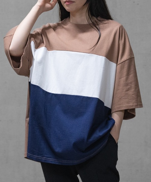 JOHN'S CLOSET（ジョンズクローゼット）の「【40I】 USAコットン 配色切替 ビッグシルエット 半袖Tシャツ（Tシャツ/カットソー・メンズ・ブラック系1/ブラック系3/ベージュ系2/グリーン系2/パープル系1/ブラック系2/ベージュ系1/グリーン系1/グリーン系3/パープル系2/ブラウン系1/ブラウン系2・LARGE/X-LARGE/MEDIUM）」の6枚目の写真