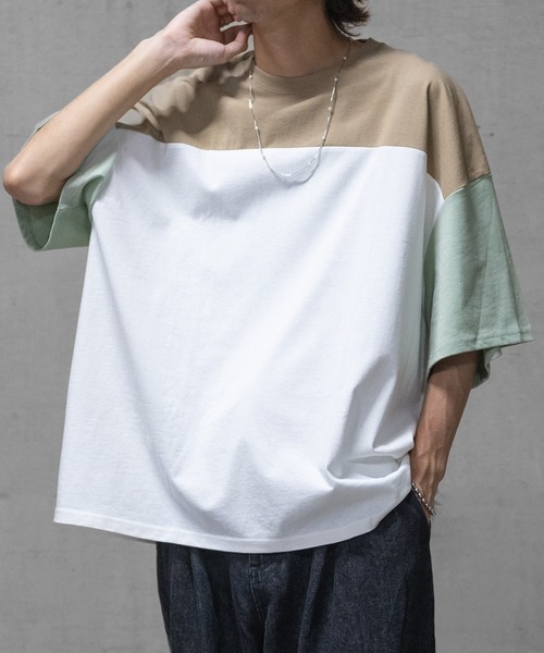 JOHN'S CLOSET（ジョンズクローゼット）の「【40I】 USAコットン 配色切替 ビッグシルエット 半袖Tシャツ（Tシャツ/カットソー・メンズ・ブラック系1/ブラック系3/ベージュ系2/グリーン系2/パープル系1/ブラック系2/ベージュ系1/グリーン系1/グリーン系3/パープル系2/ブラウン系1/ブラウン系2・LARGE/X-LARGE/MEDIUM）」の7枚目の写真