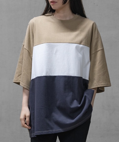 JOHN'S CLOSET（ジョンズクローゼット）の「【40I】 USAコットン 配色切替 ビッグシルエット 半袖Tシャツ（Tシャツ/カットソー・メンズ・ブラック系1/ブラック系3/ベージュ系2/グリーン系2/パープル系1/ブラック系2/ベージュ系1/グリーン系1/グリーン系3/パープル系2/ブラウン系1/ブラウン系2・LARGE/X-LARGE/MEDIUM）」の8枚目の写真