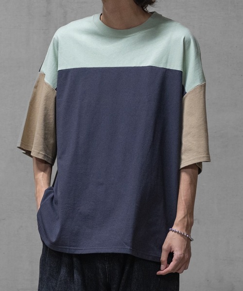 JOHN'S CLOSET（ジョンズクローゼット）の「【40I】 USAコットン 配色切替 ビッグシルエット 半袖Tシャツ（Tシャツ/カットソー・メンズ・ブラック系1/ブラック系3/ベージュ系2/グリーン系2/パープル系1/ブラック系2/ベージュ系1/グリーン系1/グリーン系3/パープル系2/ブラウン系1/ブラウン系2・LARGE/X-LARGE/MEDIUM）」の9枚目の写真
