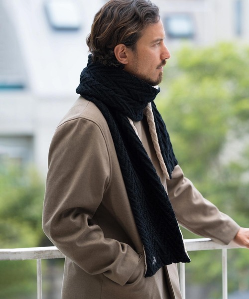 CALL&RESPONSE(コールアンドレスポンス)の「mko12157-ヘリンボーン-ニットマフラー-サイセンタク(マフラー・メンズ・ブラック×ベージュ・FREE)」の4枚目の写真