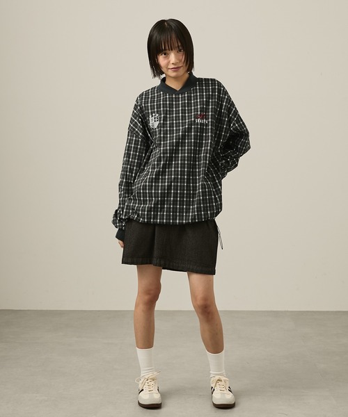 Snap club（スナップクラブ）の「【Snap club】ダブルロゴ刺繍ドロストチェックプルオーバー（スウェット・レディース・グリーン/ブラック系/ブラック・L/M）」の4枚目の写真