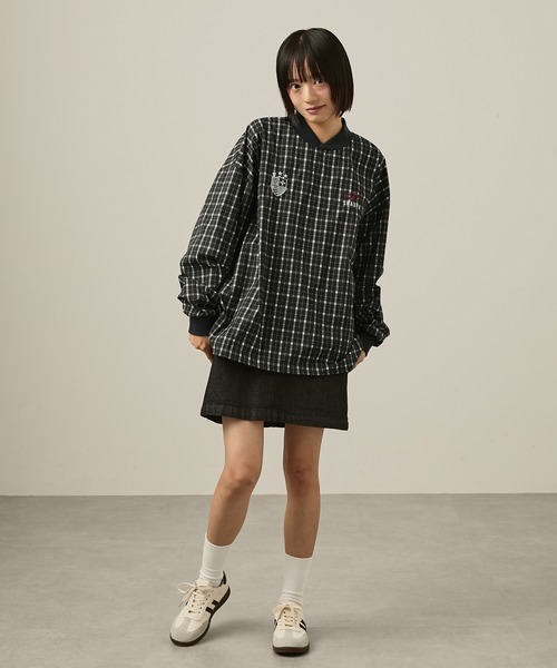 Snap club】ダブルロゴ刺繍ドロストチェックプルオーバー（スウェット