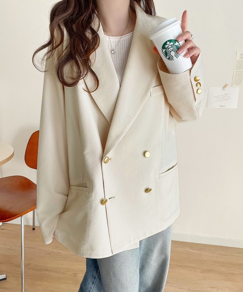 classicalelf（クラシカルエルフ）の「トレンドのオーバーサイズシルエット♪サッカー素材長袖ビッグジャケット(ダブル)（テーラードジャケット・レディース・アイボリー/グレー・X-LARGE/SMALL/MEDIUM/LARGE）」の13枚目の写真