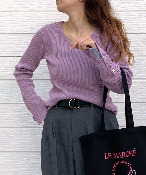 【セール】リブリブVネックニット（ニット/セーター）｜Q（キュー）